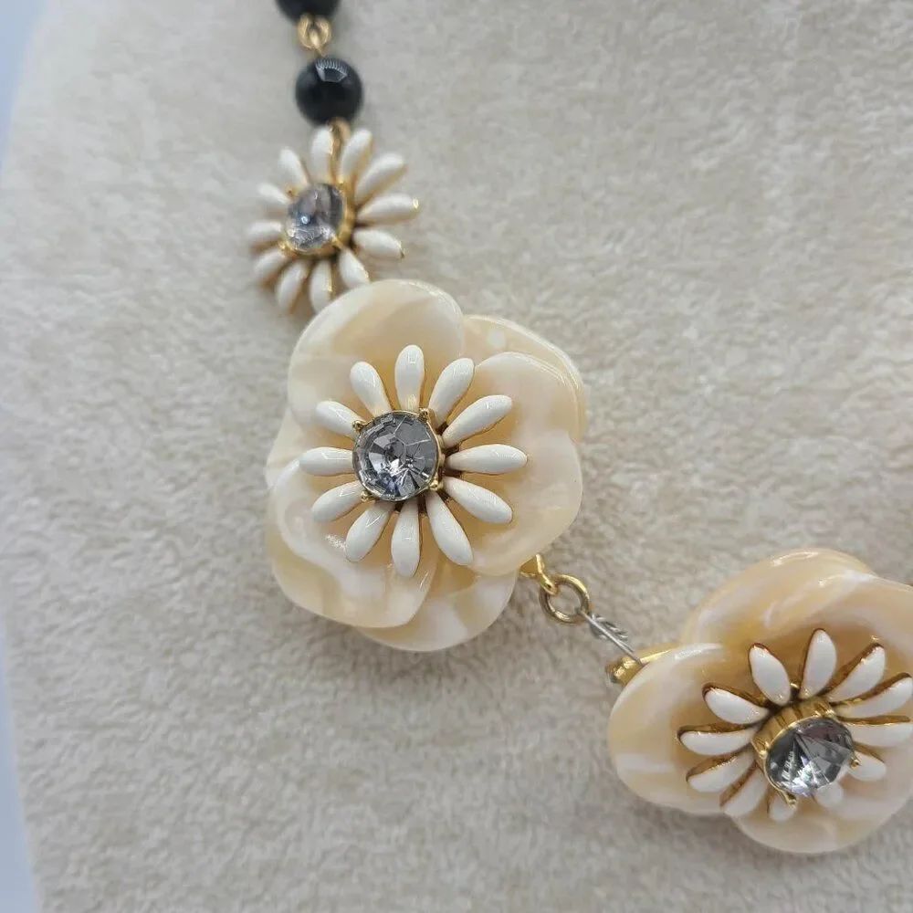 Talbots Black Bead Flower Necklace with Crystals NWOT! - Picture 3 of 11